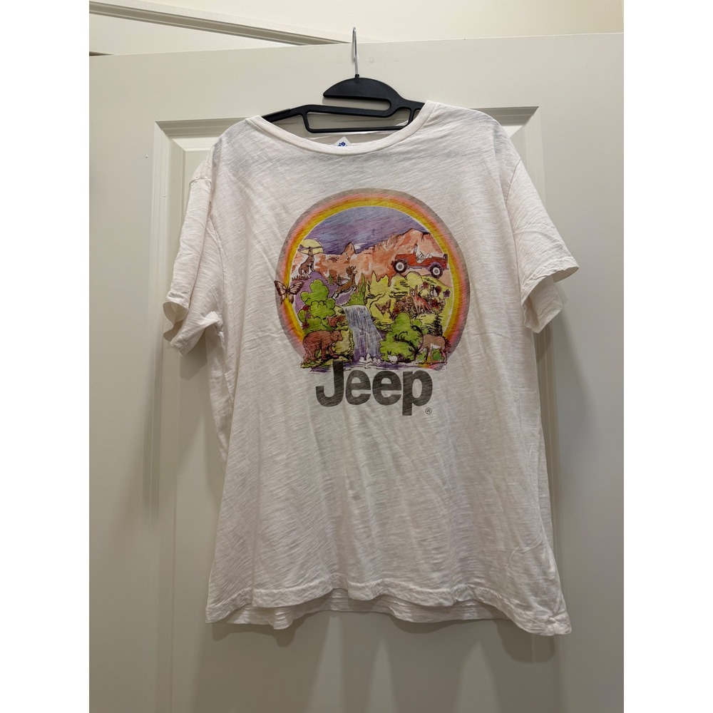 Jeep Graphic T-Shirt Mens Large Cream Rainbow Nature Wilderness Slub Tee